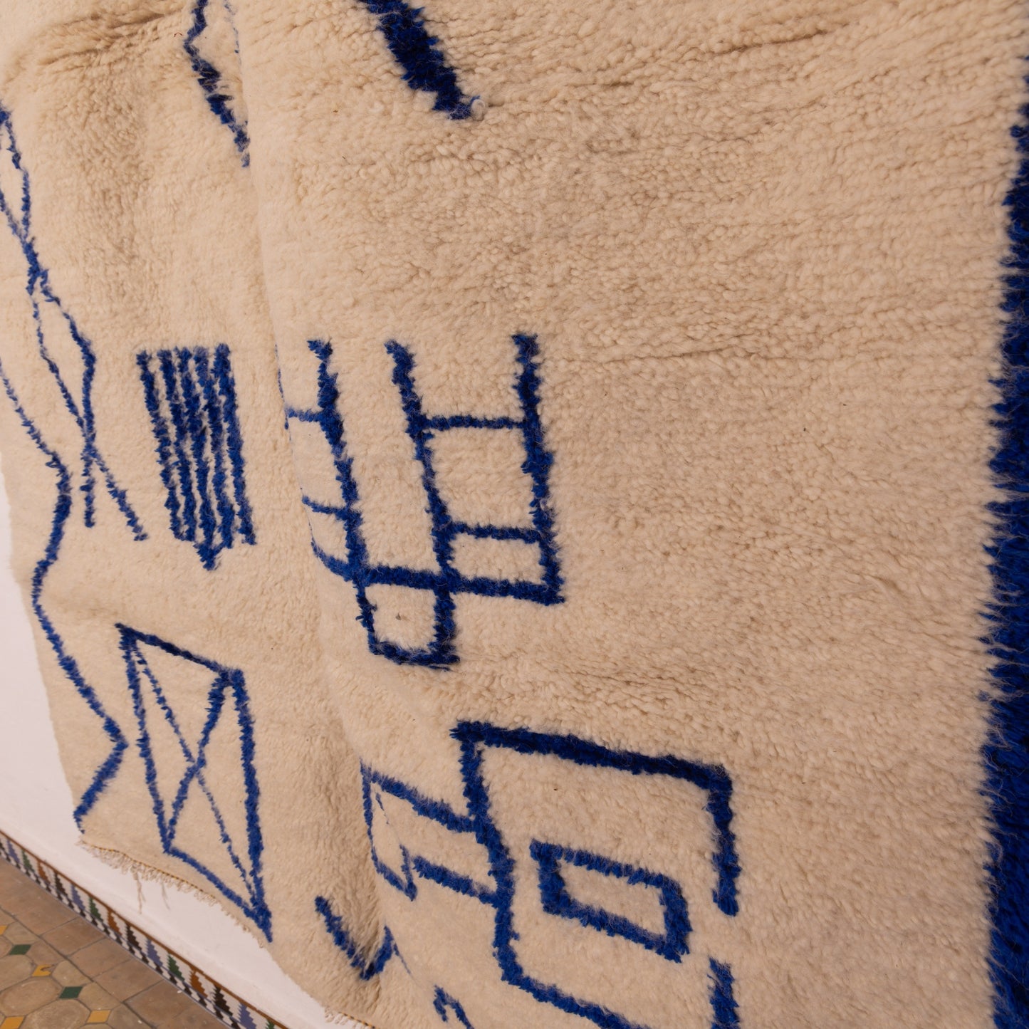 Blue Geometric Azilal Rug - Handwoven Moroccan Berber Carpet - 80% Wool 20% Cotton - Modern Tribal Minimalist Decor