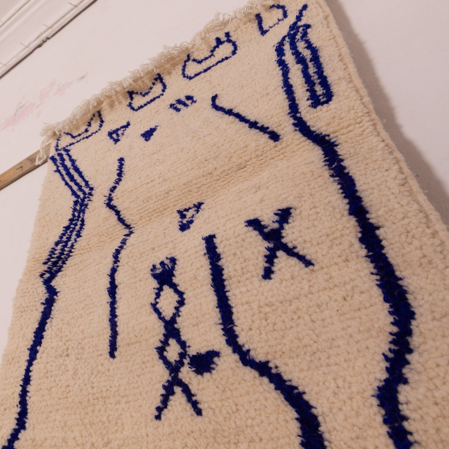 New Handmade Azilal Wool Rug - Blue Abstract Moroccan Symbols on Cream - Modern Tribal Decor for Wall or Floor