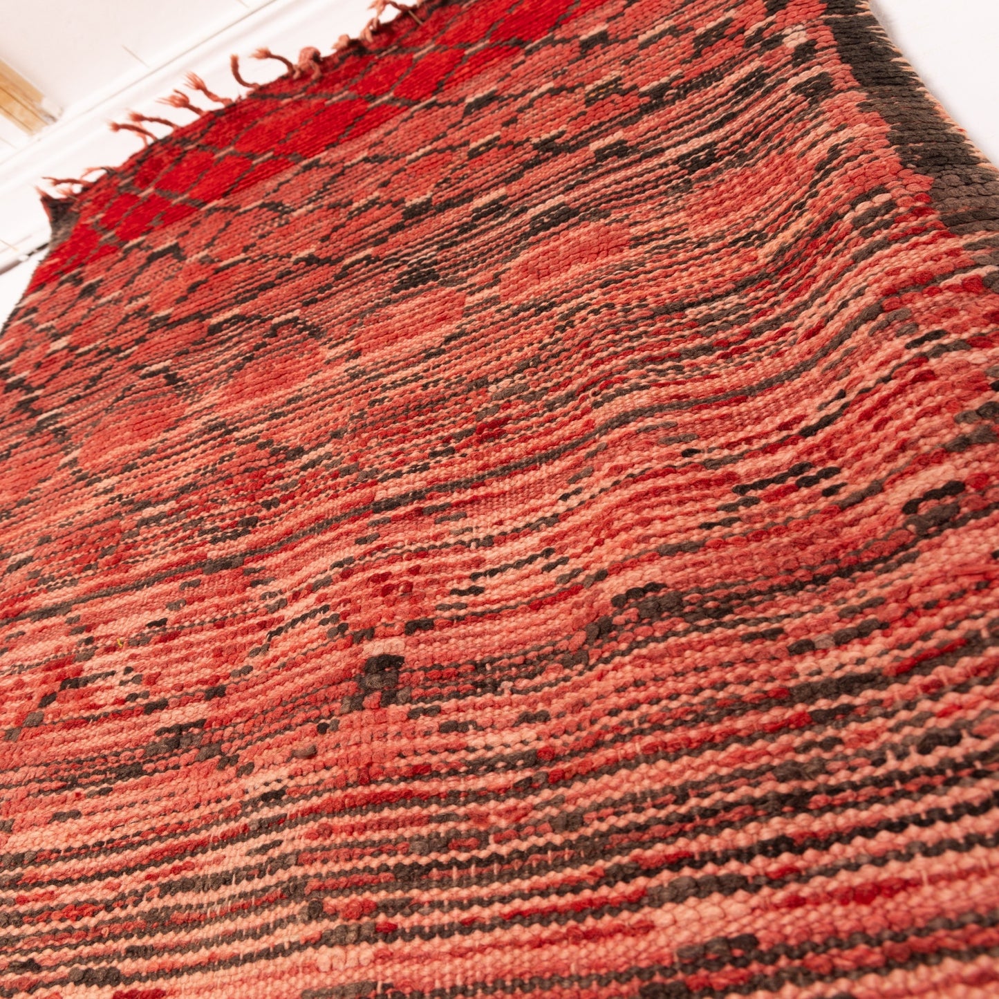 Vintage Moroccan Berber Runner Rug - Faded Red Diamond Pattern - Handmade Tribal Hallway Carpet
