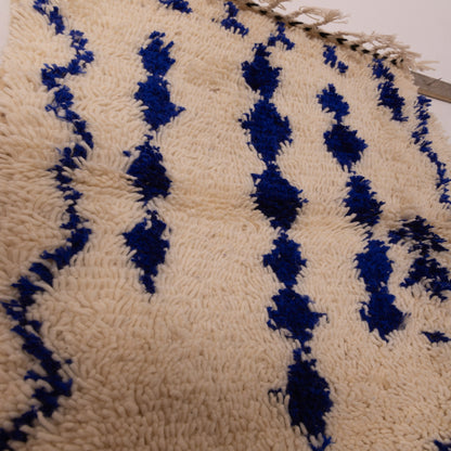 New Handmade Azilal Wool Rug - Abstract Blue Design on Cream - Moroccan Floor or Wall Decor