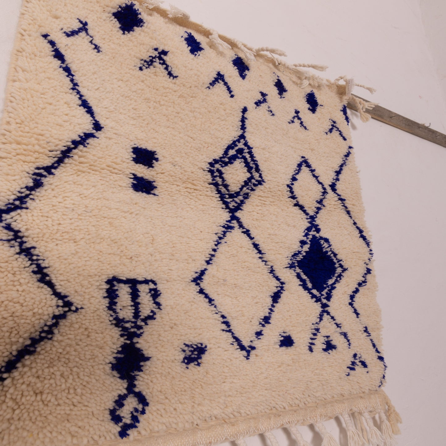 New Handmade Azilal Wool Rug - Blue Diamond Tribal Design on Cream - Moroccan Wall or Floor Decor