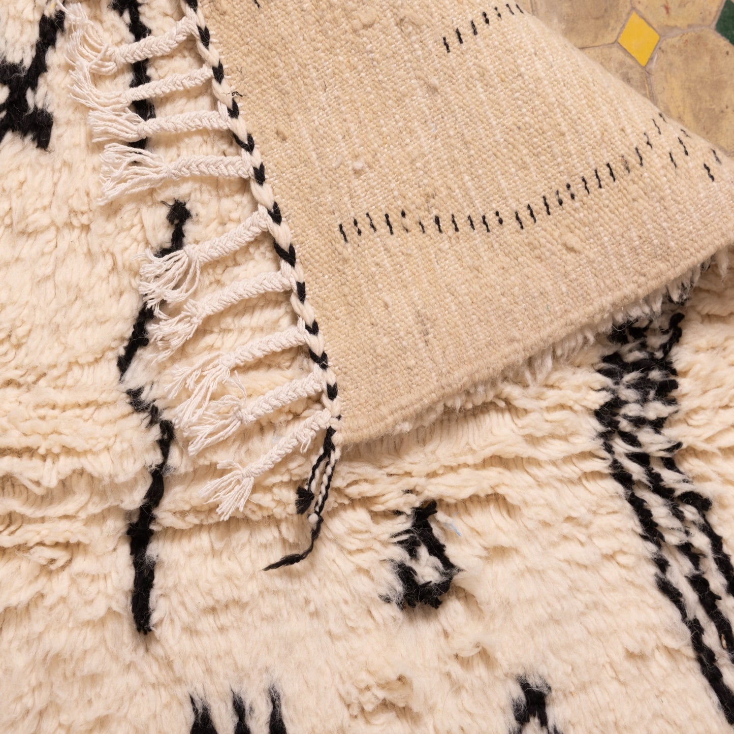 Minimalist Azilal Rug - Handmade Moroccan Wool & Cotton Small Rug - Black & White Tribal Boho Decor