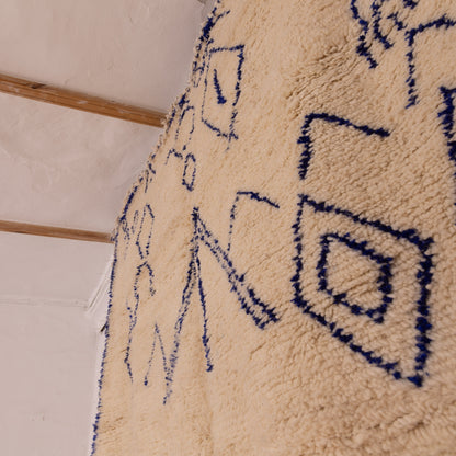 Blue & Cream Azilal Rug - 80% Wool 20% Cotton Moroccan Handmade - Minimalist Berber Tribal Carpet