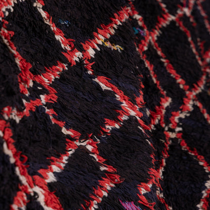 Night Weave” – Vintage Moroccan Rug with Red Lattice on Black Wool