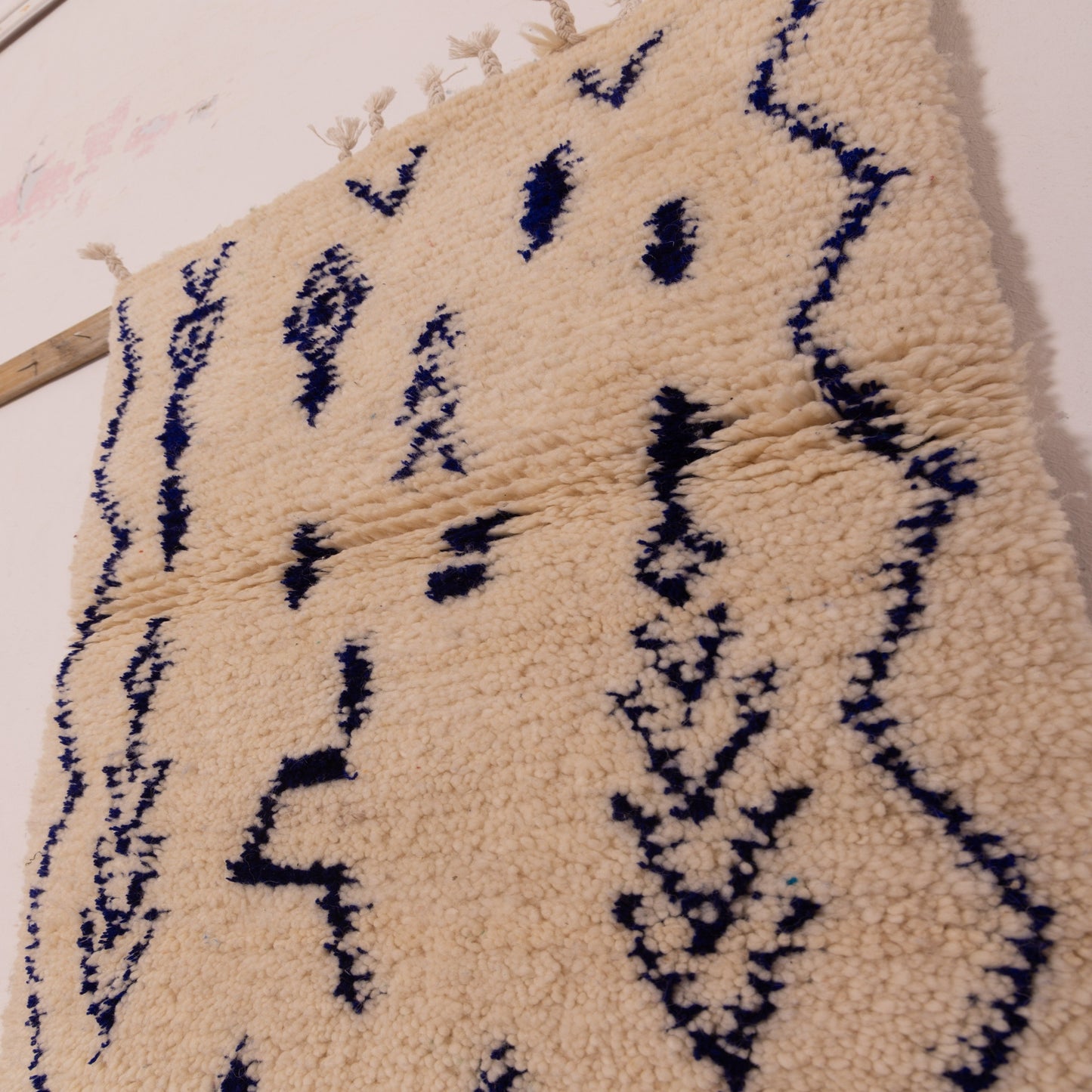 New Handmade Azilal Wool Rug - Geometric Blue Diamonds & Arrows - Moroccan Modern Decor