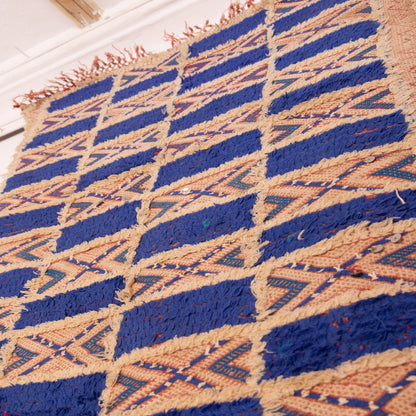 Vintage Moroccan Berber Rug | Handwoven Wool Rug with Bold Blue & Geometric Patterns ; 5,09 ft / 2,79 ft