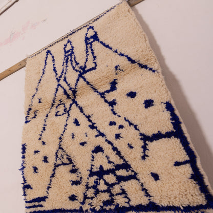 New Handmade Azilal Wool Rug - Blue Mountain Pattern on Cream - Abstract Tribal Decor for Wall or Floor