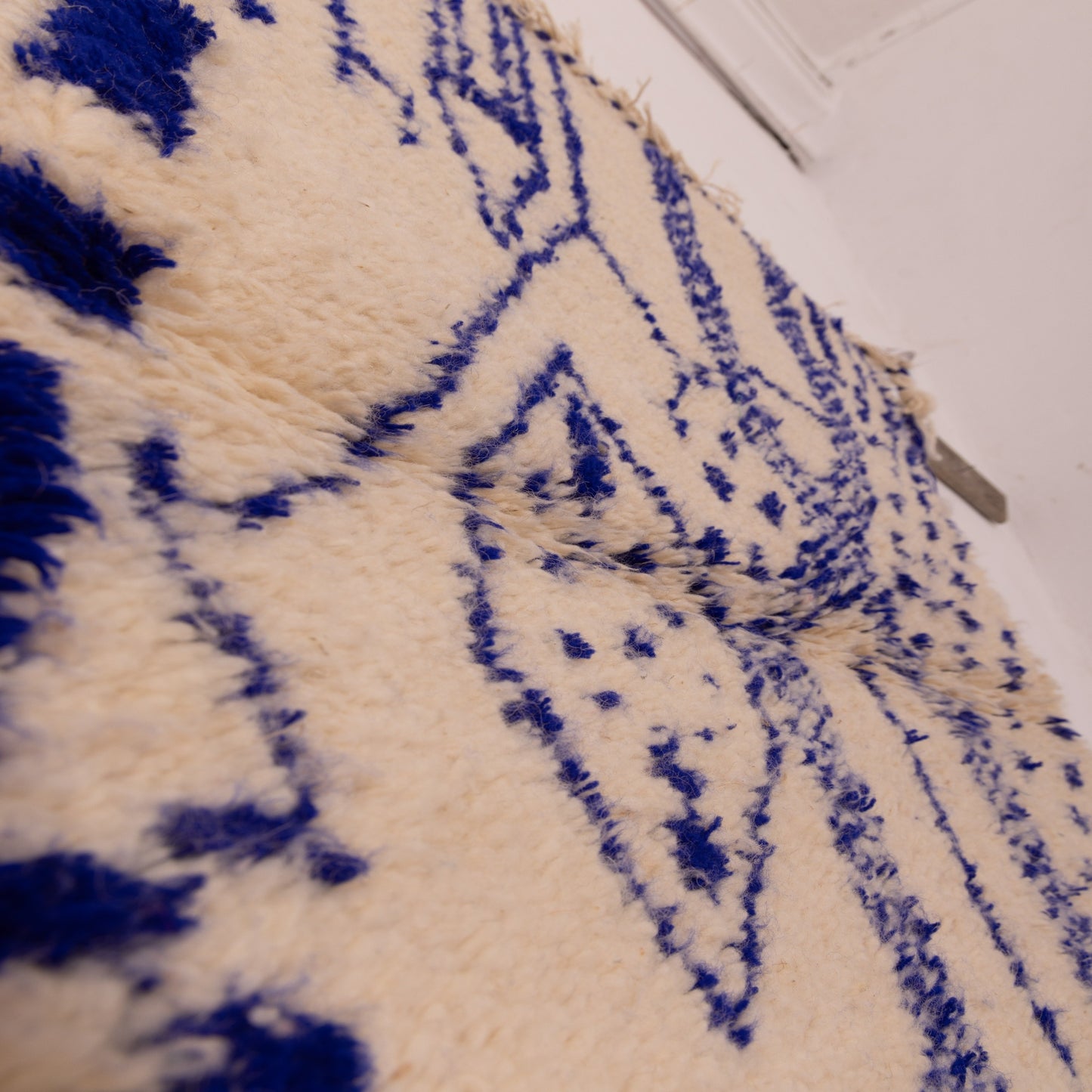 New Handmade Azilal Rug - Abstract Blue Berber Symbols on Cream - Modern Moroccan Tribal Decor for Wall or Floor