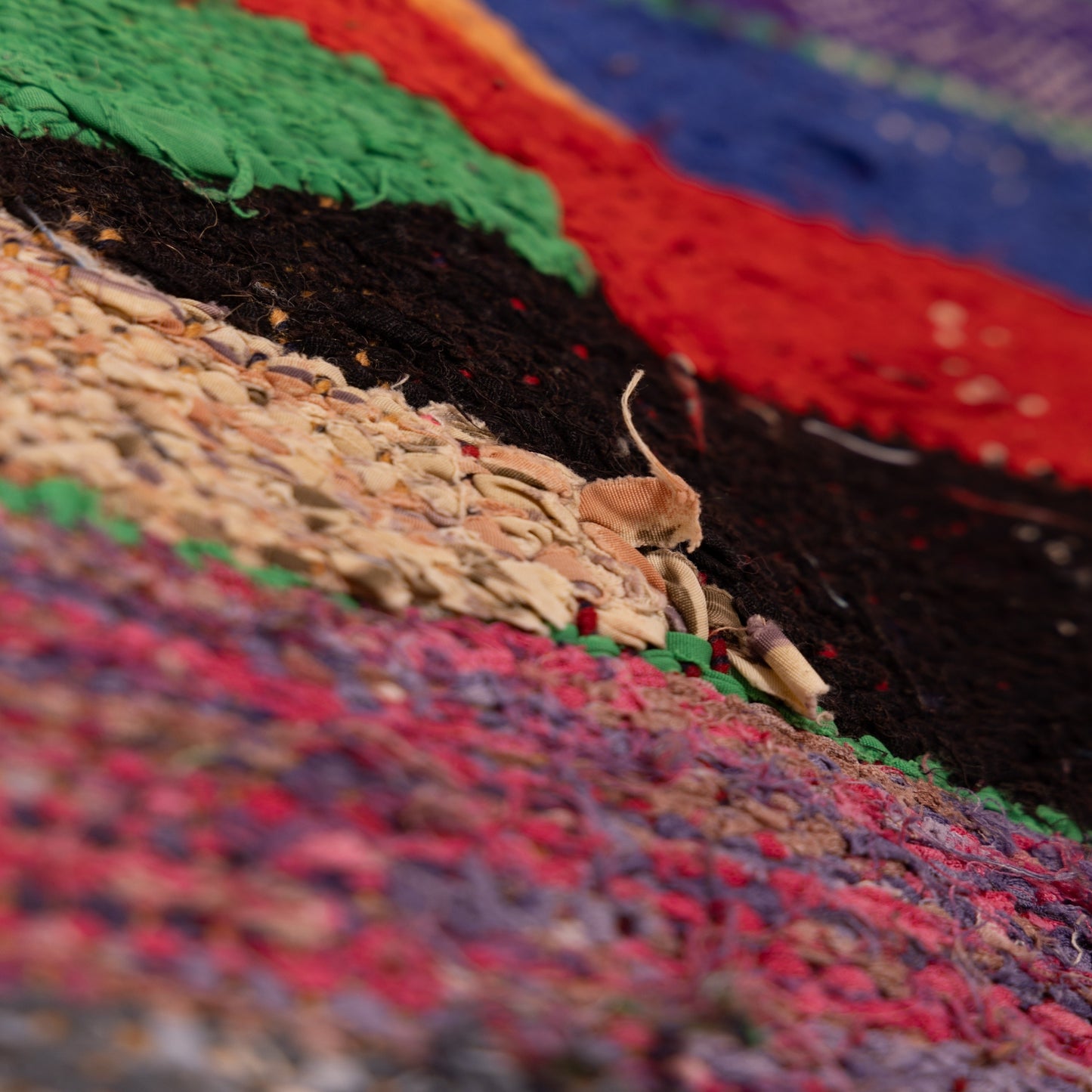 Vintage Moroccan Boucherouite Rug – Handwoven Berber Carpet with Bold Stripes & Abstract Design