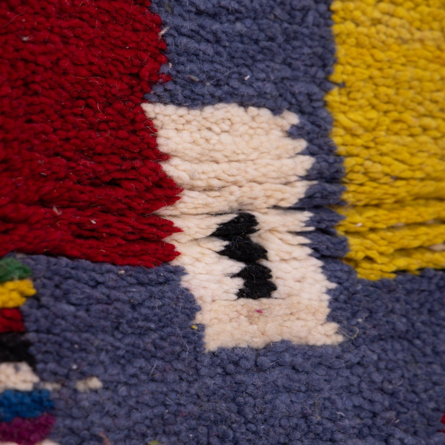 Animal Motif Boujad Rug – New Moroccan Wool Rug – Bold Berber Abstract with Yellow, Red & Navy – Handmade Wall Hanging or Accent Rug