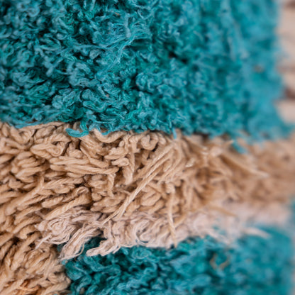 Vintage Moroccan Boucherouite Rug – Handwoven Berber Carpet in Shades of Blue & Beige