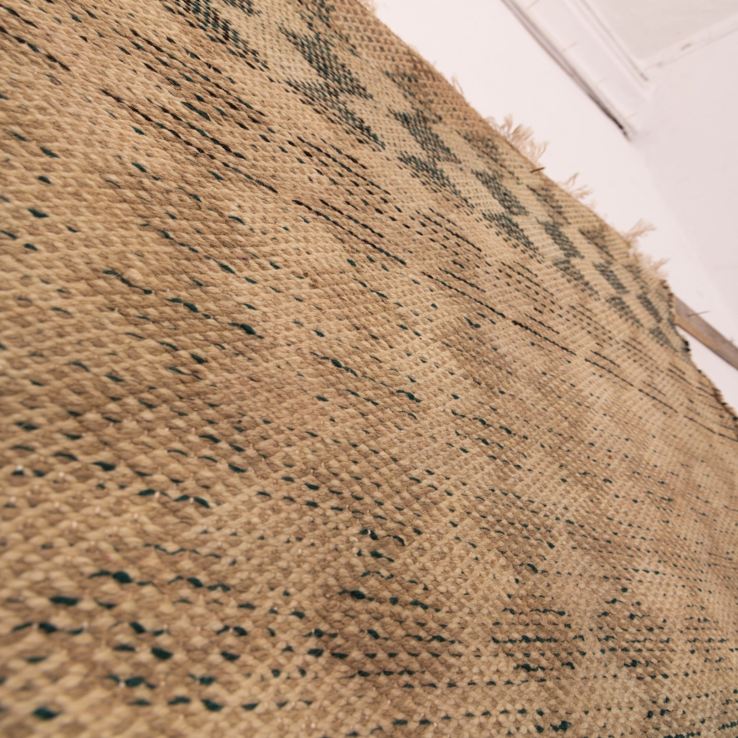 Green Geometric Wool Rug - Handwoven Corridor Accent Piece