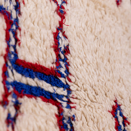 Handwoven Vintage Moroccan Berber Rug – Geometric Tribal Design in Bold Red & Blue ;  8,53 ft  / 6,40 ft