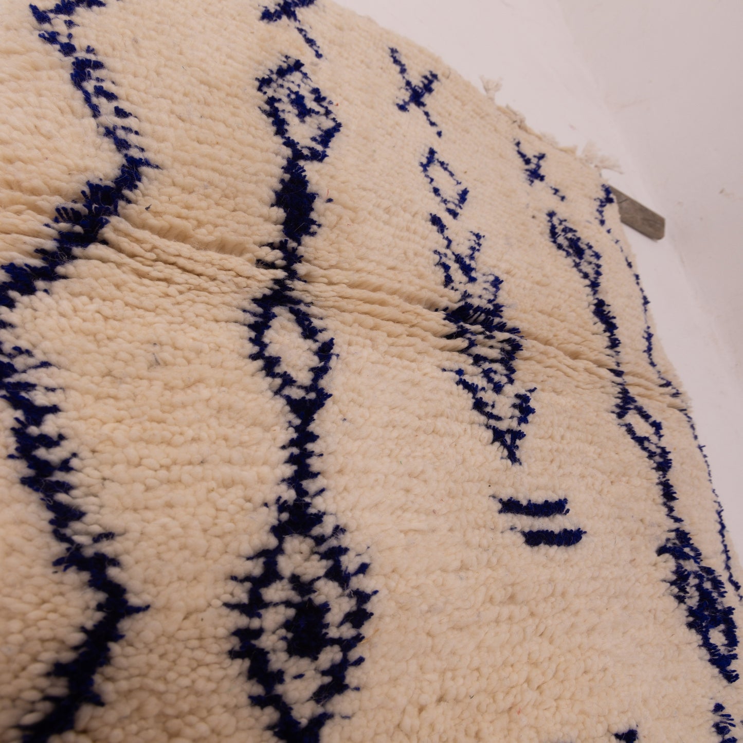 New Handmade Azilal Wool Rug - Abstract Blue Tribal Motif on Cream - Modern Moroccan Wall or Floor Decor