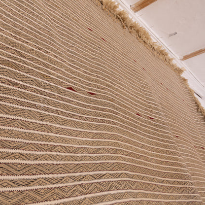 Authentic Vintage Moroccan Handira Rug | Beige Berber Striped Wool Blanket | Handwoven Bohemian Textile ;  10,99 ft / 6,23 ft