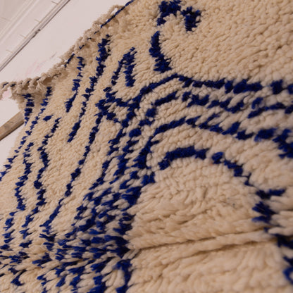 Handwoven Moroccan Wool Rug - Bold Blue Tribal Patterns on Cream - Unique Bohemian Wall Decor
