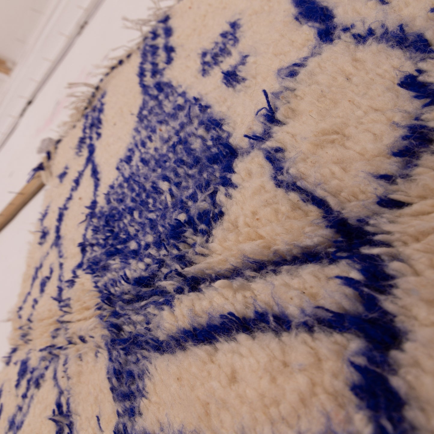 New Handmade Azilal Wool Rug - Blue Tribal Design on Cream - Moroccan Boho Wall Art or Floor Decor