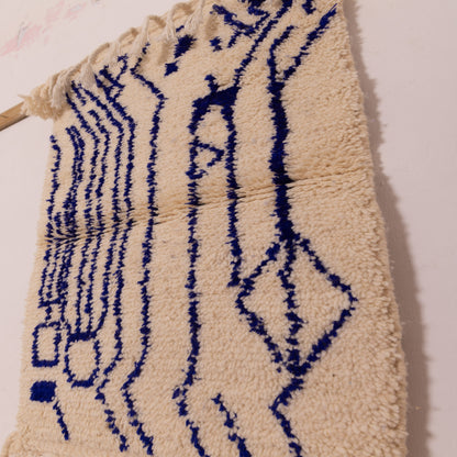 New Handmade Azilal Wool Rug - Abstract Blue Geometric Pattern on Cream - Tribal Berber Art for Wall or Floor