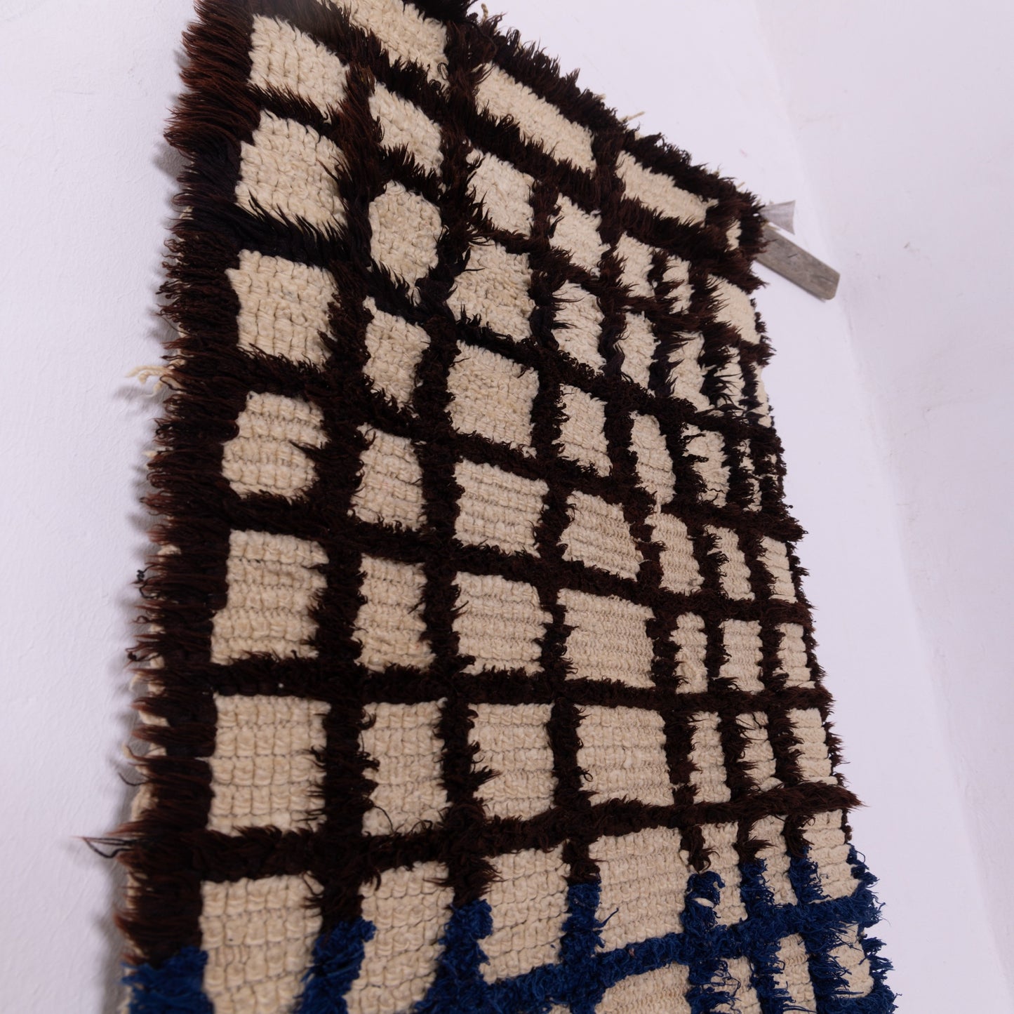 Moroccan Azilal Wool Rug with Blue Accent - Handwoven Checkered Vintage Berber Runner