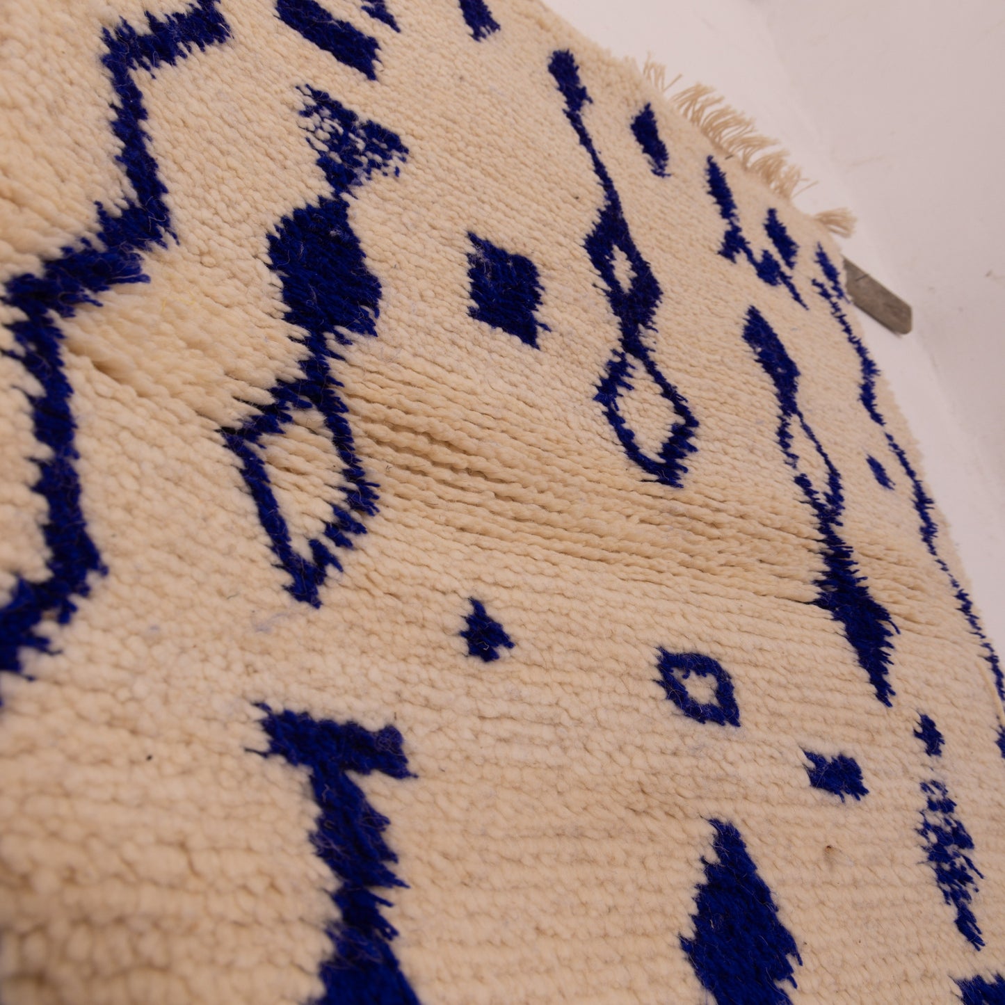 New Handmade Azilal Wool Rug - Bold Blue Tribal Pattern on Cream - Moroccan Floor or Wall Decor