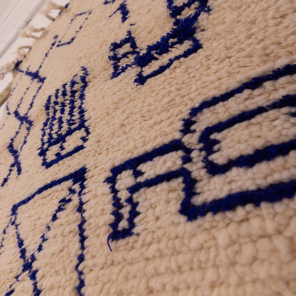New Handmade Azilal Wool Rug - Abstract Blue Moroccan Symbols on Cream - Modern Tribal Wall or Floor Decor