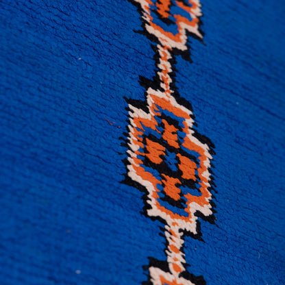 Vintage Moroccan Wool Rug – Bold Blue & Beige Tribal Berber Carpet – Handwoven Geometric Design