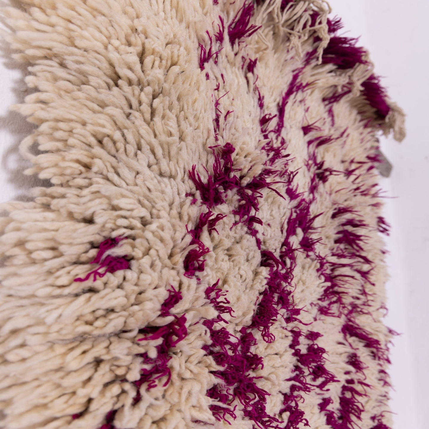 Vintage Moroccan Azilal Rug - Shaggy Cream Wool Runner with Fuchsia Diamond Pattern