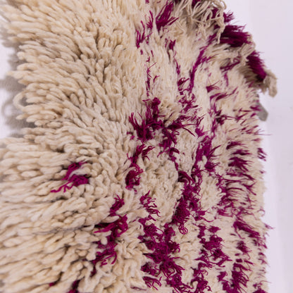 Vintage Moroccan Azilal Rug - Shaggy Cream Wool Runner with Fuchsia Diamond Pattern
