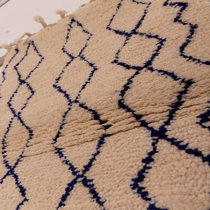 New Handmade Azilal Wool Rug - Diamond Pattern in Blue on Cream - Modern Moroccan Decor