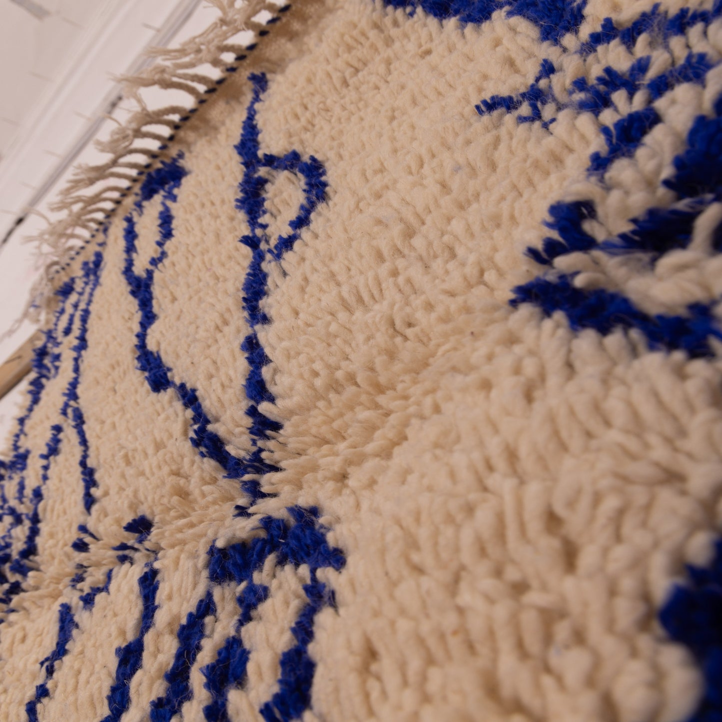 New Handmade Azilal Wool Rug - Abstract Blue Geometric Design - Moroccan Boho Chic Floor or Wall Decor