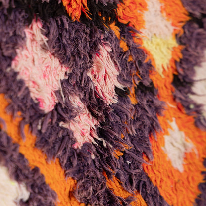 Vintage Moroccan Boucherouite Rug – Handwoven Berber Carpet with Vibrant Orange & Purple Geometric Design