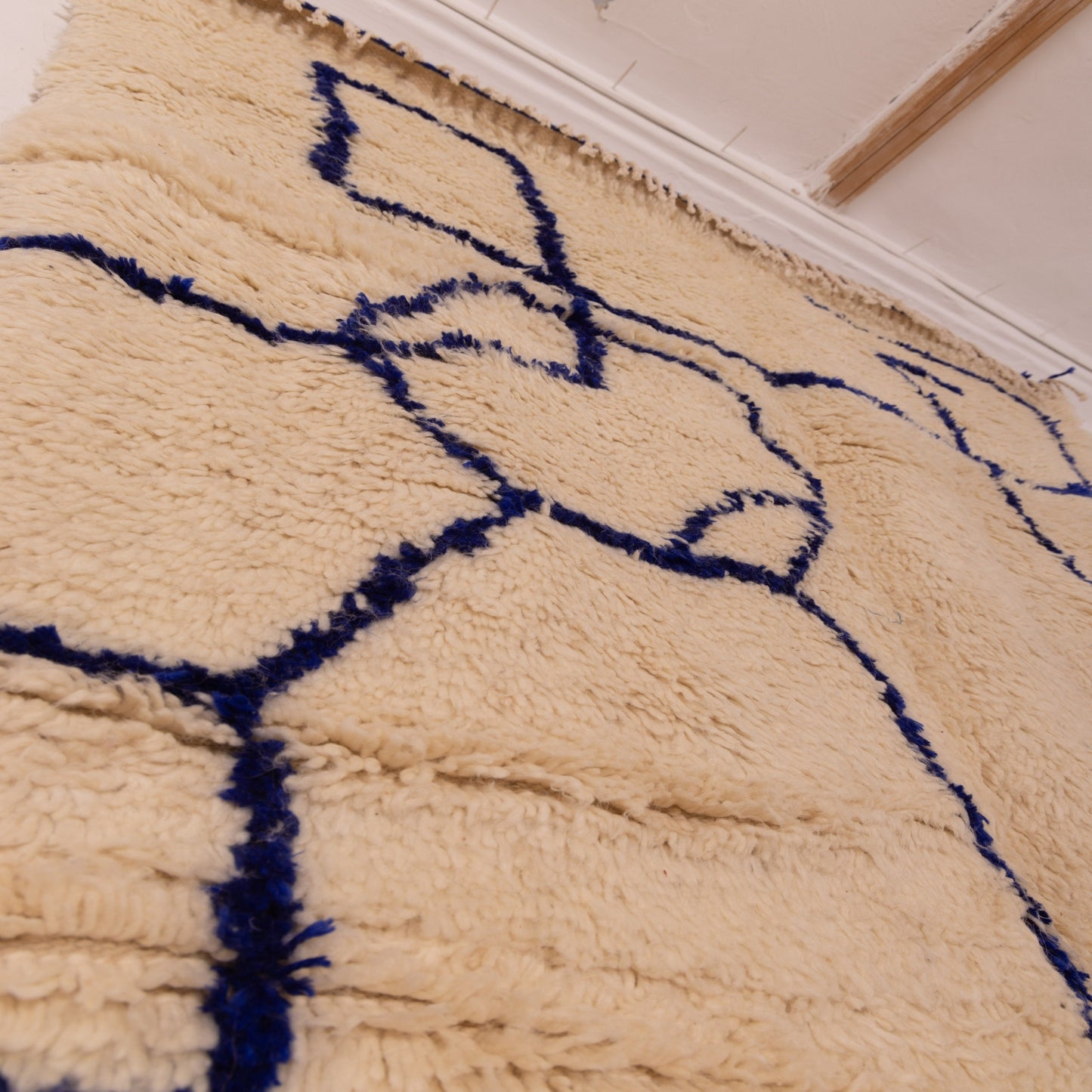 Minimalist Abstract Moroccan Wool Rug - Handwoven Blue Line Art on Cream - Modern Berber Wall Hanging or Area Rug