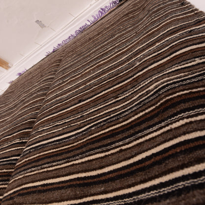 Vintage Moroccan Striped Handwoven Rug | Dark Brown Berber Wool Blanket | Authentic Nomadic Textile ; 7,05 ft / 4,27 ft