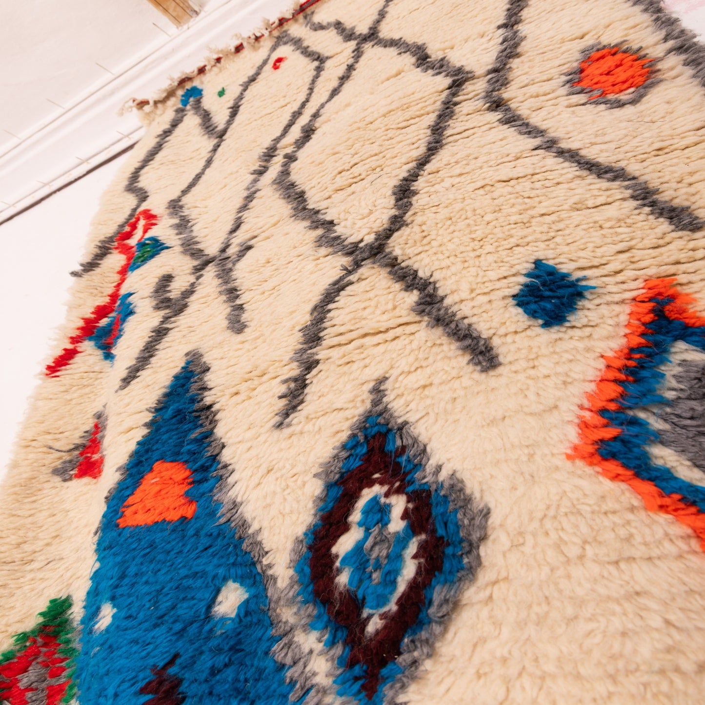 Handwoven Moroccan Runner Rug - Vibrant Geometric Design - Colorful Abstract Pattern in Orange, Blue, and Red