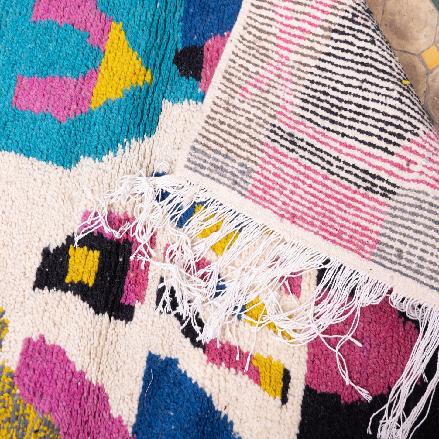Figurative Boujad Rug – New Moroccan Wool Rug – Abstract Berber Art with Aqua, Magenta & Yellow – Handwoven Statement Wall Hanging