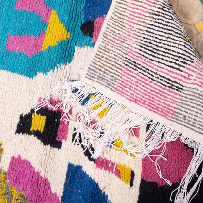 Figurative Boujad Rug – New Moroccan Wool Rug – Abstract Berber Art with Aqua, Magenta & Yellow – Handwoven Statement Wall Hanging