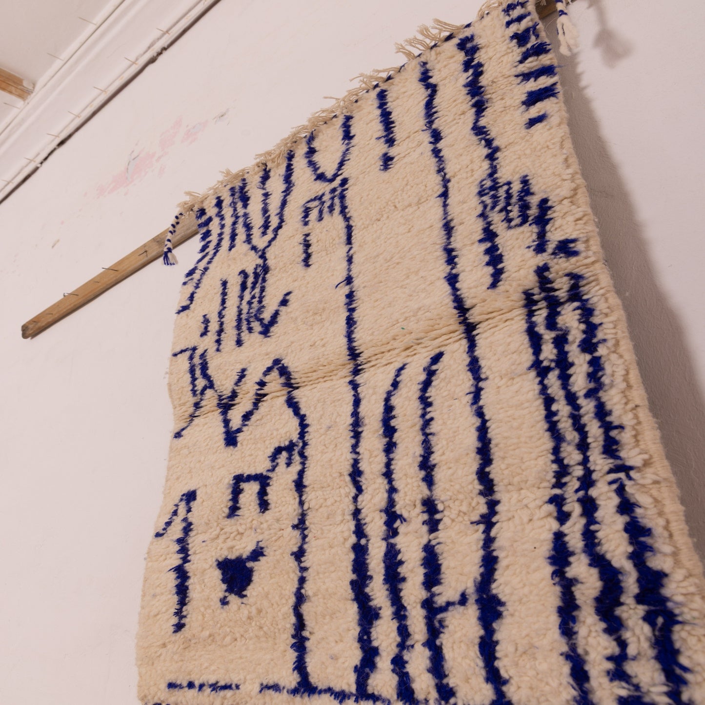New Handmade Azilal Wool Rug - Abstract Blue Design on Cream - Modern Moroccan Tribal Art for Floor or Wall
