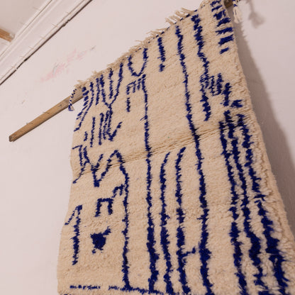 New Handmade Azilal Wool Rug - Abstract Blue Design on Cream - Modern Moroccan Tribal Art for Floor or Wall