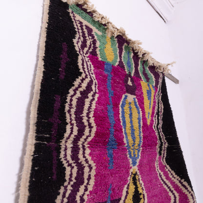 Magenta Zigzag Boujad Rug – New Moroccan Wool Rug – Bold Tribal Wall Art with Yellow, Teal & Black – Handmade Berber Tapestry Accent
