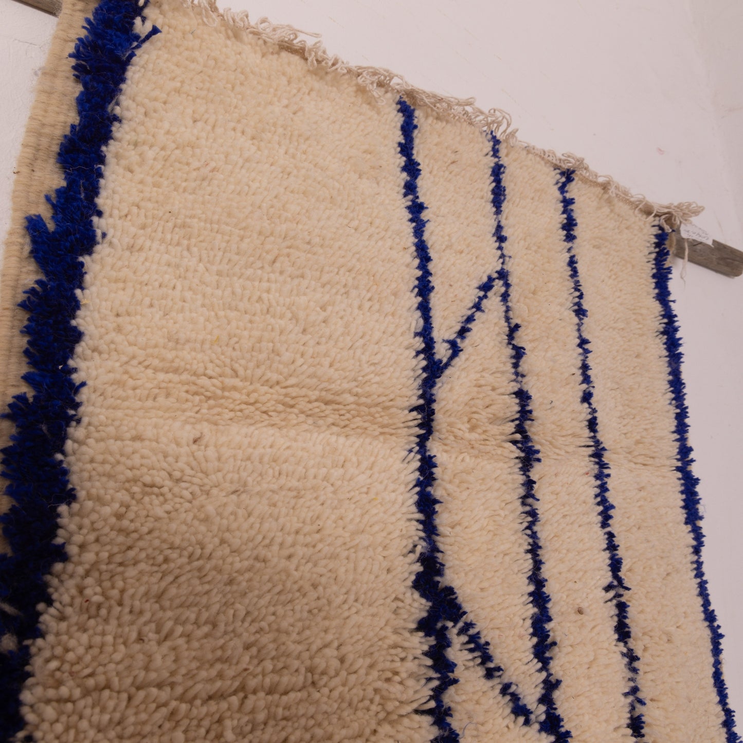 New Handmade Azilal Wool Rug - Abstract Blue Tribal Design on Cream - Moroccan Wall or Floor Decor
