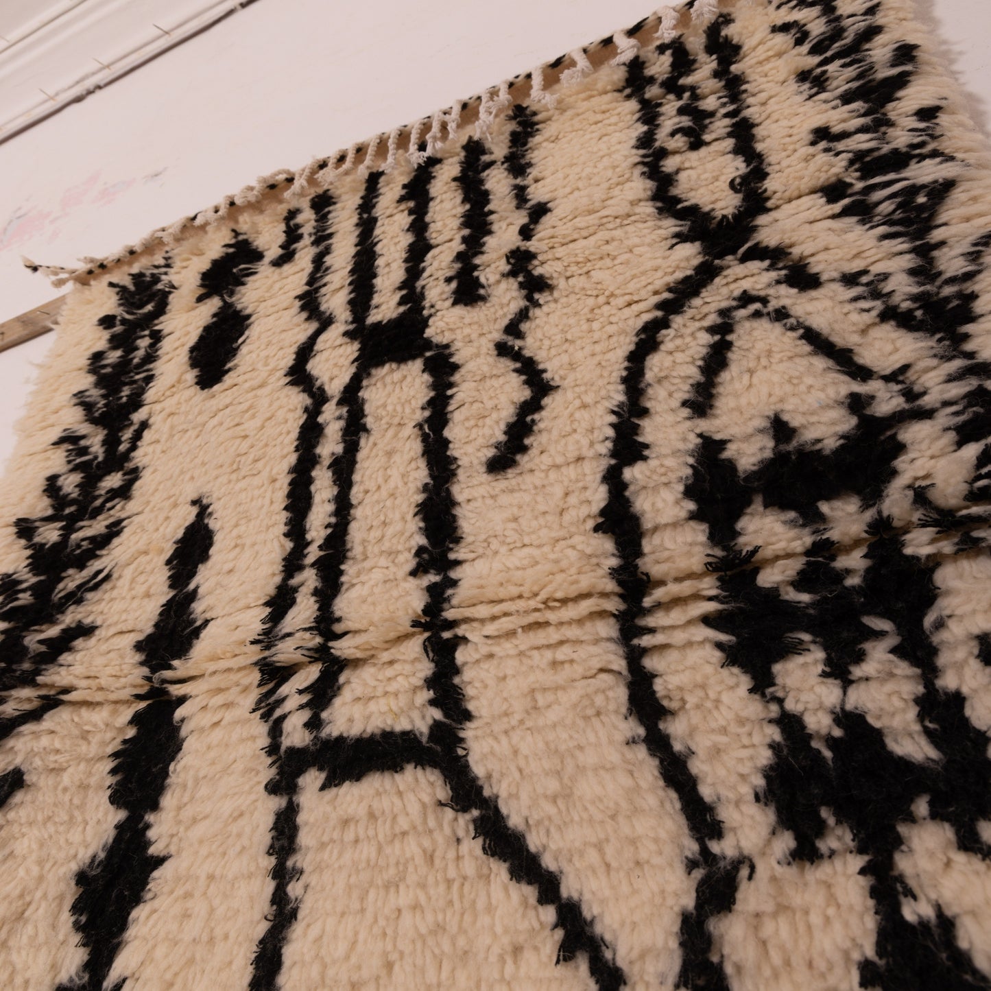 New Azilal Wool and Cotton Rug - Abstract Black Berber Symbols on Cream - Handmade Moroccan Modern Tribal Decor