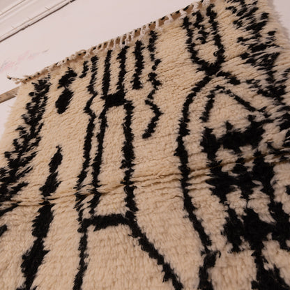 New Azilal Wool and Cotton Rug - Abstract Black Berber Symbols on Cream - Handmade Moroccan Modern Tribal Decor