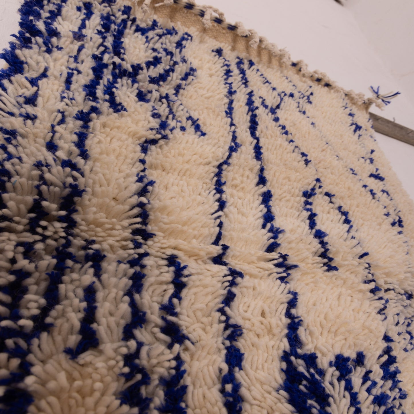 New Handmade Azilal Wool Rug - Abstract Blue Tribal Patterns on Cream - Moroccan Floor or Wall Decor