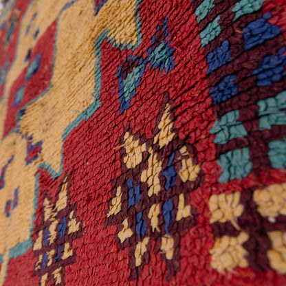 Bold Vintage Moroccan Taznakht Rug - Red Field with Tribal Medallions & Geometric Symbols