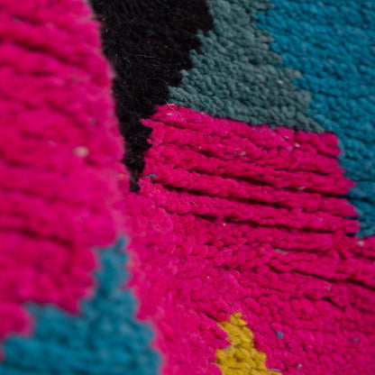 Diamond Motif Boujad Rug – New Moroccan Wool Rug – Fuchsia, Teal & Black Pattern – Berber Handmade Wall Hanging or Small Accent Rug