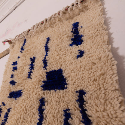 New Handmade Azilal Wool Rug - Bold Blue and Cream Tribal Design - Moroccan Accent for Wall or Floor
