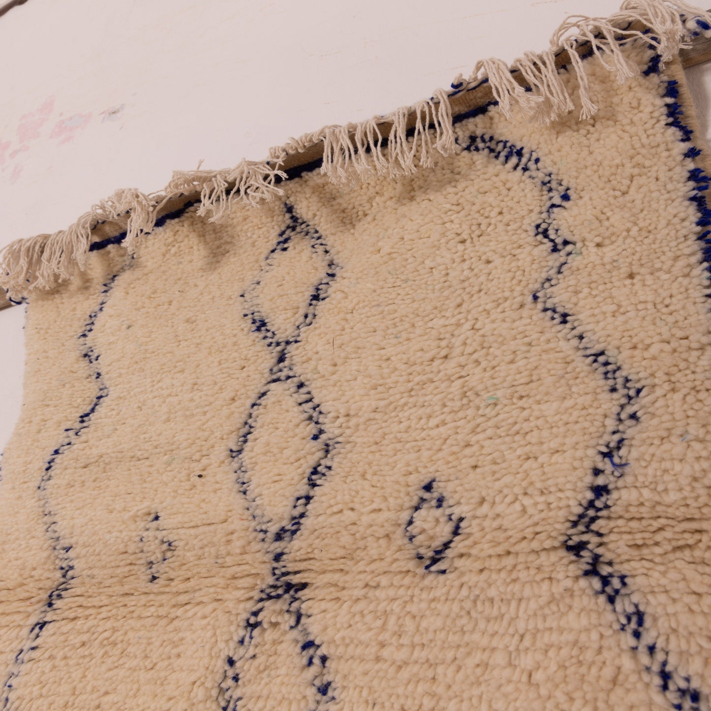New Handmade Azilal Wool Rug - Blue Diamond Shapes on Neutral Cream - Moroccan Tribal Art for Floor or Wall