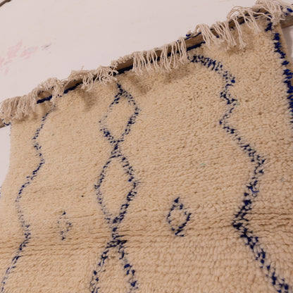 New Handmade Azilal Wool Rug - Blue Diamond Shapes on Neutral Cream - Moroccan Tribal Art for Floor or Wall