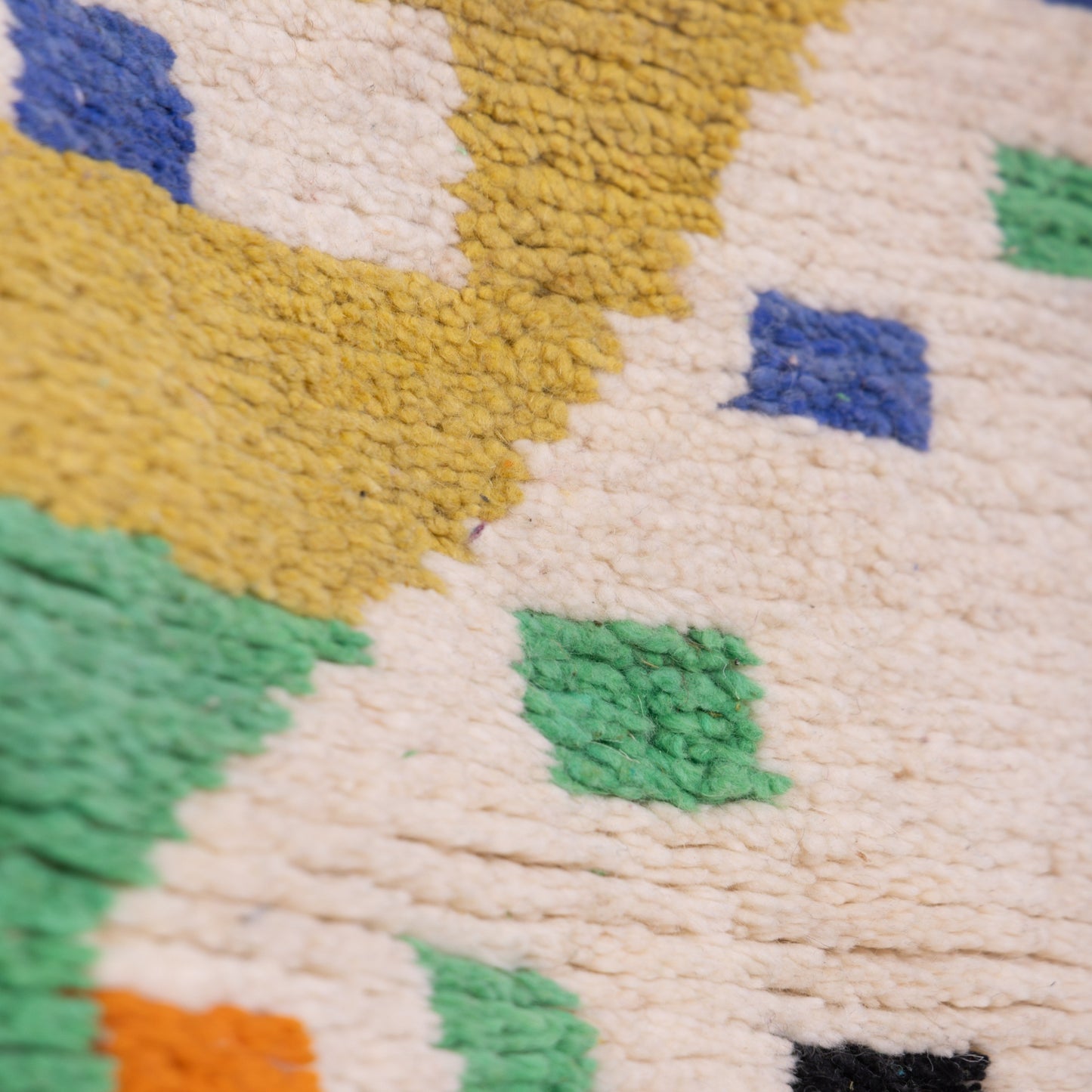 Storyteller Boujad Rug – New Moroccan Wool Rug – Abstract Landscape in Yellow, Green & Blue – Handmade Berber Art Wall Hanging