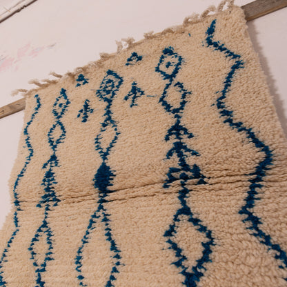 New Handmade Azilal Wool Rug - Blue Diamond Pattern on Cream - Modern Moroccan Tribal Decor